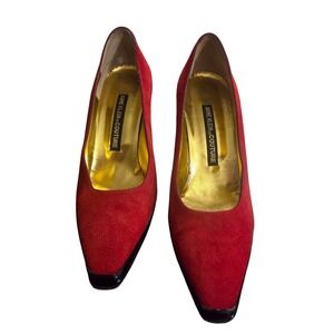 Vintage Anne Klein Couture Red Suede Square Toe Pumps Gold Lining Heels Sz 6
